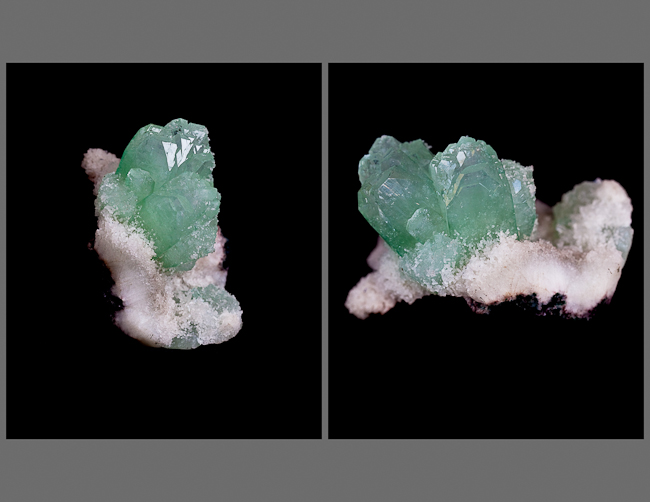 Green fluorapophyllite on druze chalcedony. India 